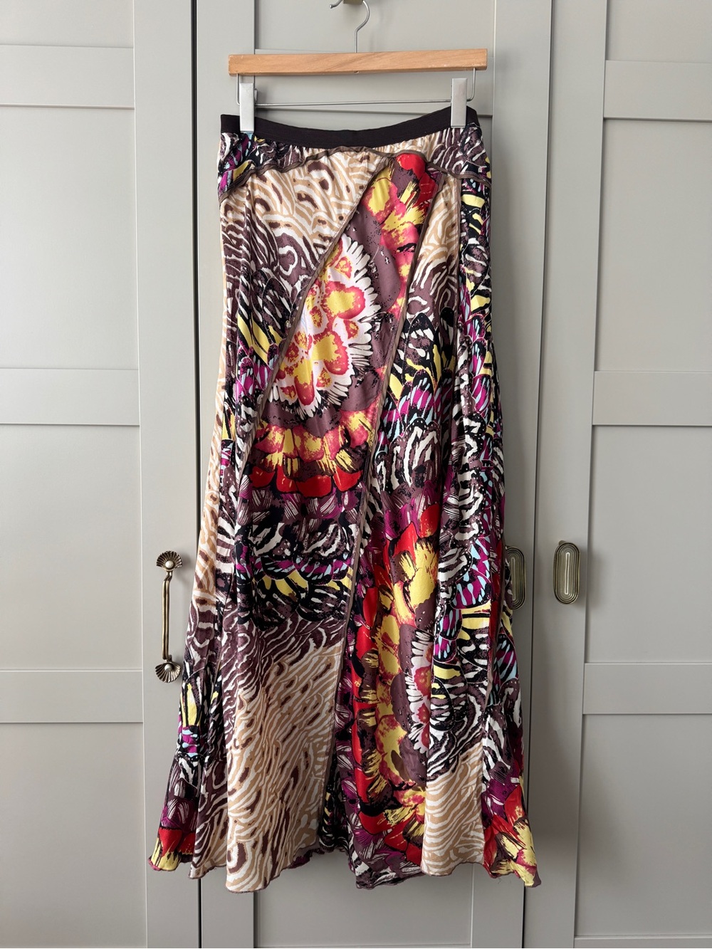 Anthropologie 🌸 Fluttering Patchwork Maxi Vibrant Floral Boho Skirt 100% Silk